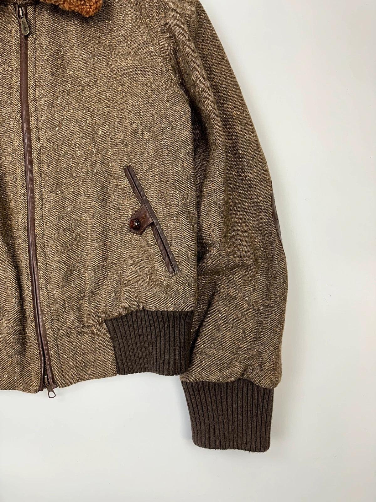 R.E.D Valentino Brown Wool Tweed Sheep Collar Bomber Jacket