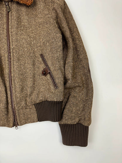 R.E.D Valentino Brown Wool Tweed Sheep Collar Bomber Jacket