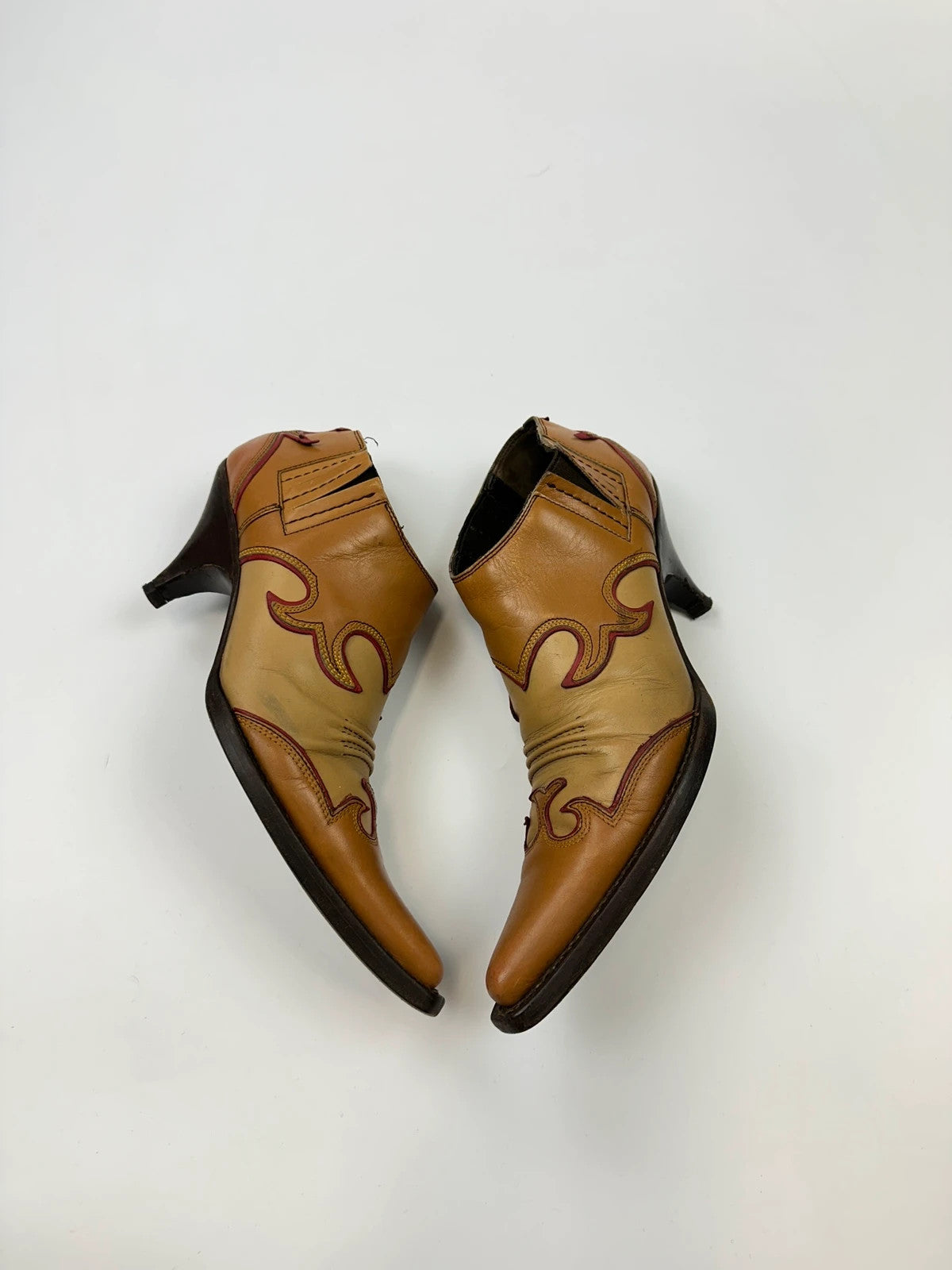 Miu Miu 00’s Cowboy Santiags Heels Ankle Boots Beige Brown Leather Pointy Toe