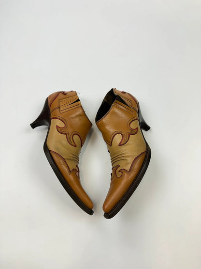 Miu Miu 00’s Cowboy Santiags Heels Ankle Boots Beige Brown Leather Pointy Toe