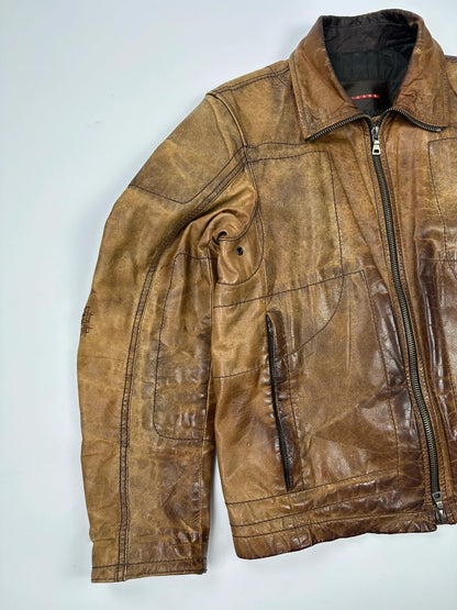 Prada Sport FW2002 Faded Eroded Brown Biker Leather Jacket