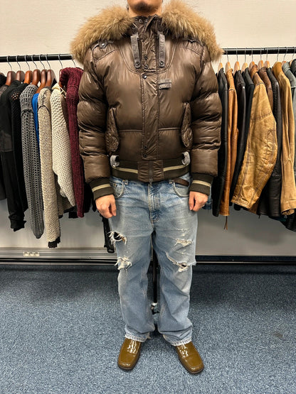 Dolce & Gabbana 00’s Brown Nylon Faux Fur Straps Bomber Hooded Puffer Jacket