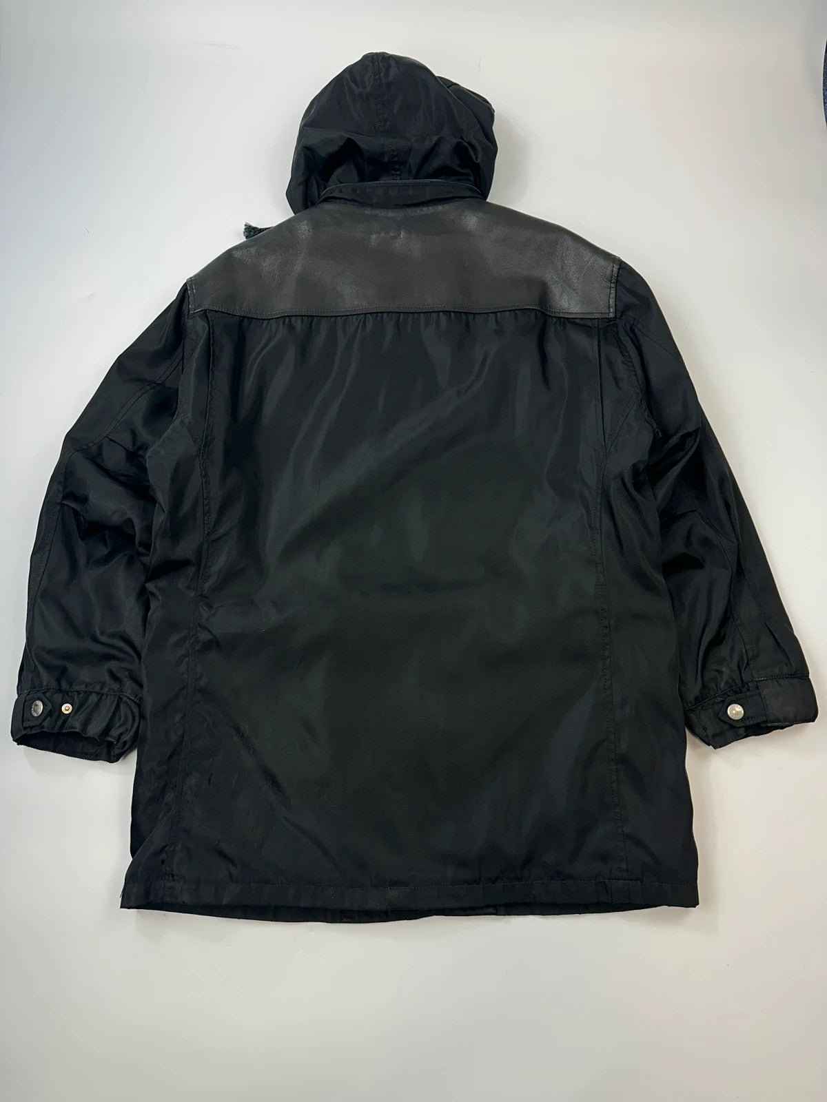 Prada Milano FW1997 Black Nylon & Leather Parka Long Coat Padded Linning