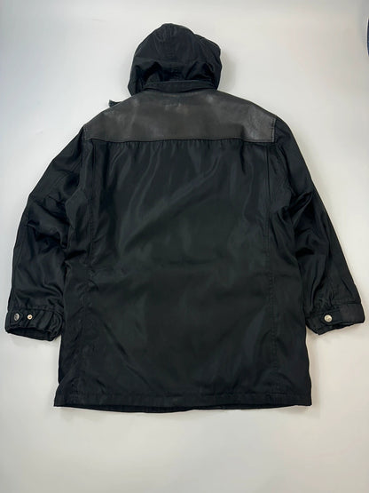 Prada Milano FW1997 Black Nylon & Leather Parka Long Coat Padded Linning