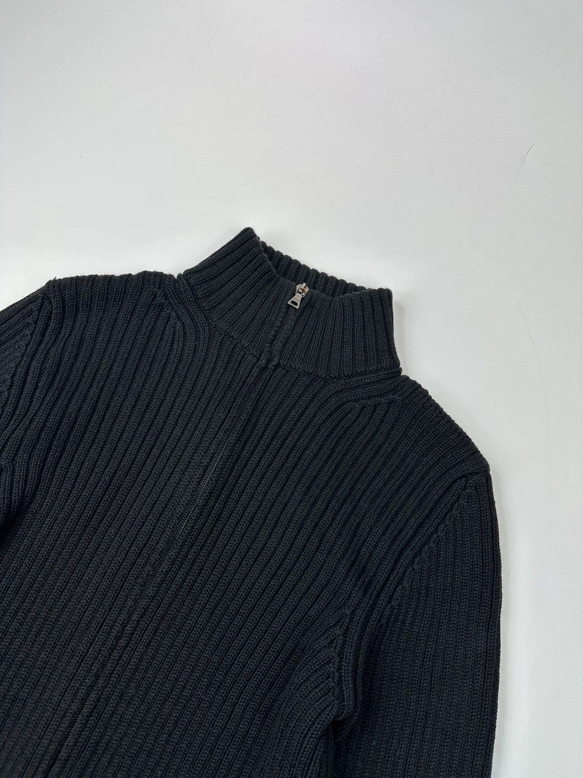 Prada Sport FW2003 Black Ribbed Wool Destroy Knit Zip-Up Sweater