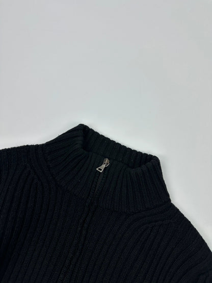 Prada Sport FW2003 Black Ribbed Wool Zip-Up Knit Sweater
