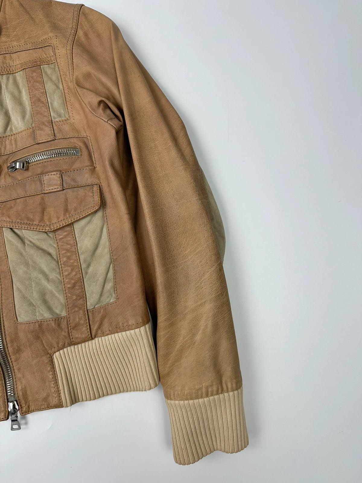 Prada Sport SS2002 Beige Brown Cargo Multi Pockets Leather Bomber Jacket