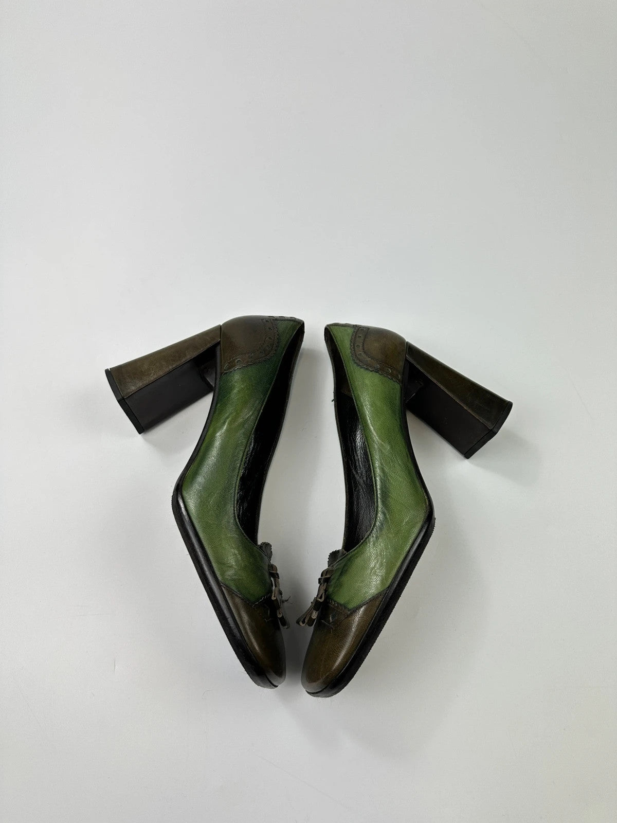 Prada Milano FW1999 Flower Two Tone Green & Brown High Block Heel Pumps