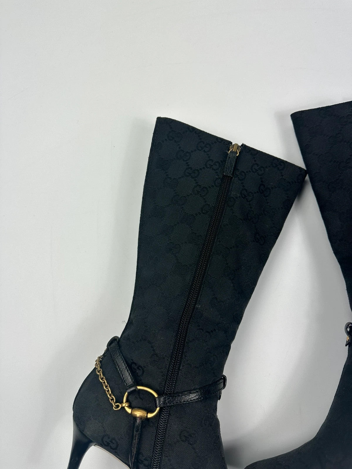 Gucci Black Monogramme High Boots Chains Gold