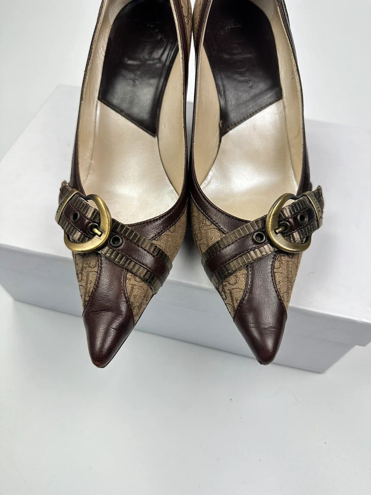 Vintage Dior Monogram Heels – Brown Leather with Gold Buckle