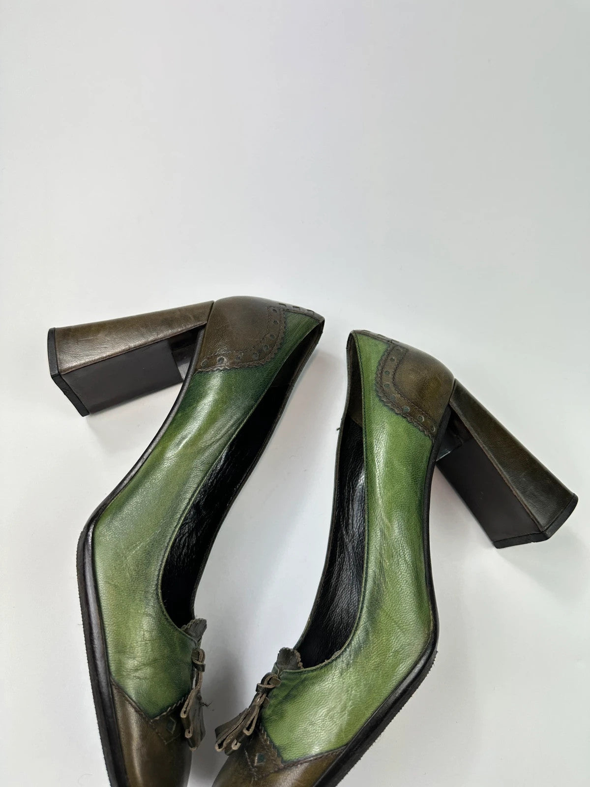 Prada Milano FW1999 Flower Two Tone Green & Brown High Block Heel Pumps