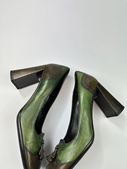 Prada Milano FW1999 Flower Two Tone Green & Brown High Block Heel Pumps