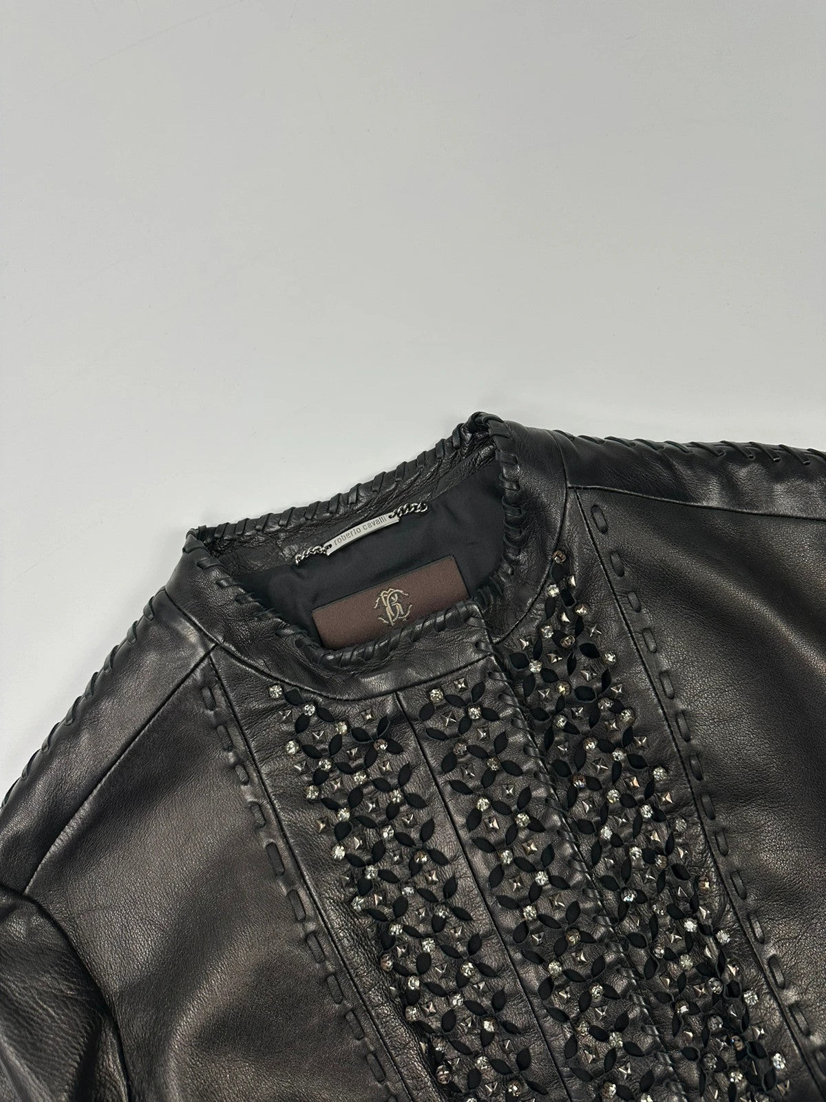 Roberto Cavalli 00’s Black Diamond Studded Leather Jacket