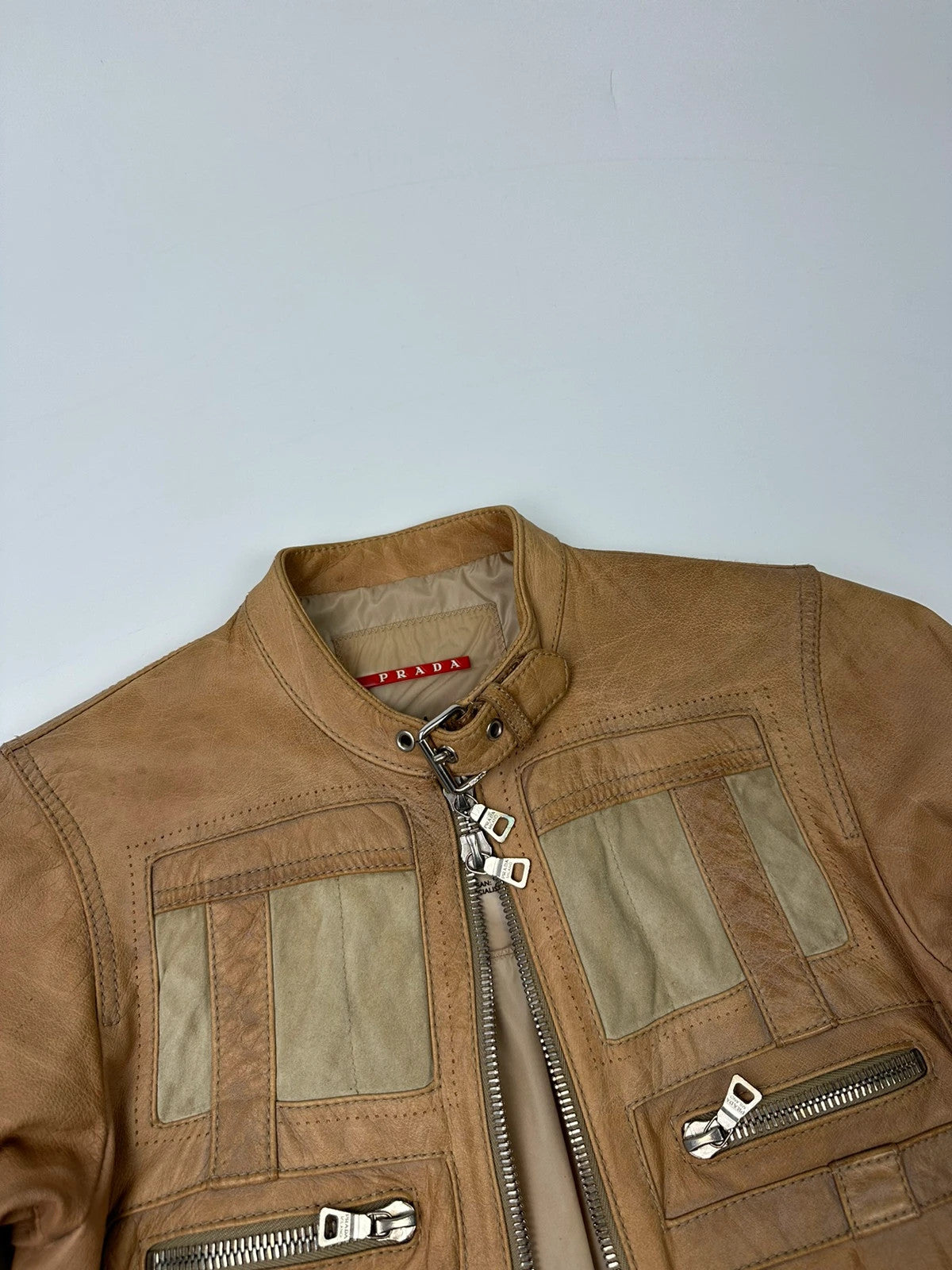 Prada Sport SS2002 Beige Brown Cargo Multi Pockets Leather Bomber Jacket