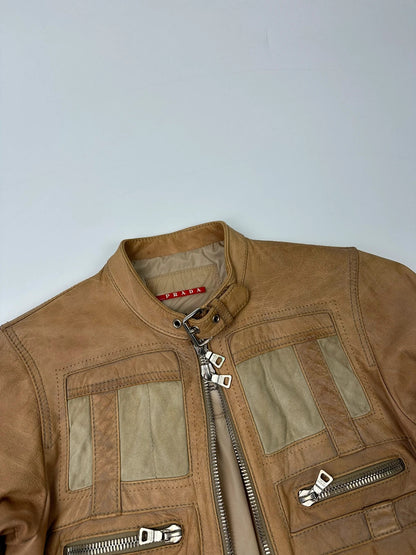 Prada Sport SS2002 Beige Brown Cargo Multi Pockets Leather Bomber Jacket