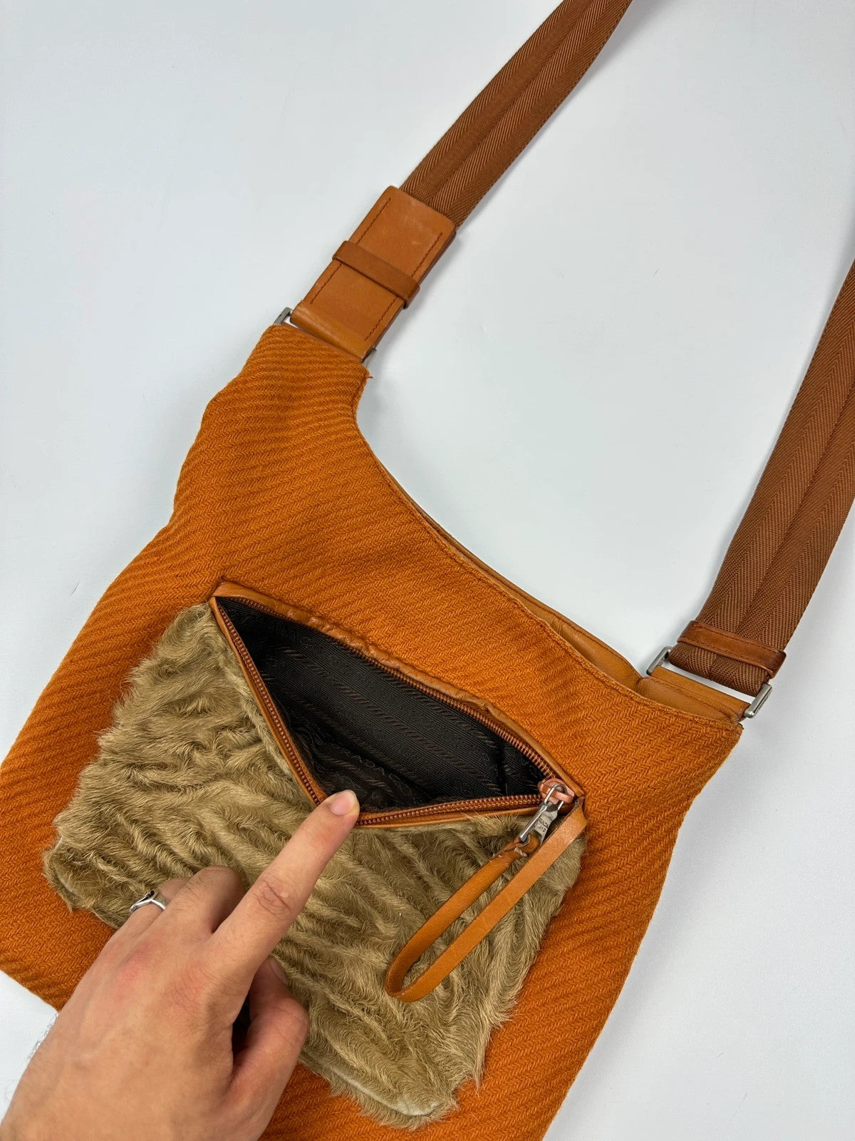 Prada Milano FW1999 Fur & Wool Sling Bag Crossbody Orange Flat
