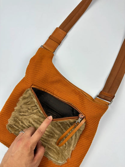 Prada Milano FW1999 Fur & Wool Sling Bag Crossbody Orange Flat