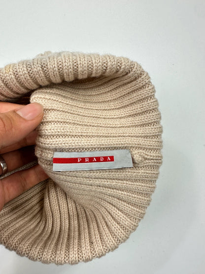 Prada Sport Early 00’s Beige Ribbed Wool Beanie RedTab