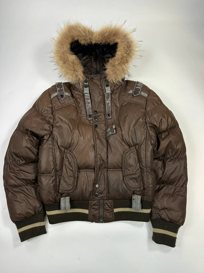Dolce & Gabbana 00’s Brown Nylon Faux Fur Straps Bomber Hooded Puffer Jacket