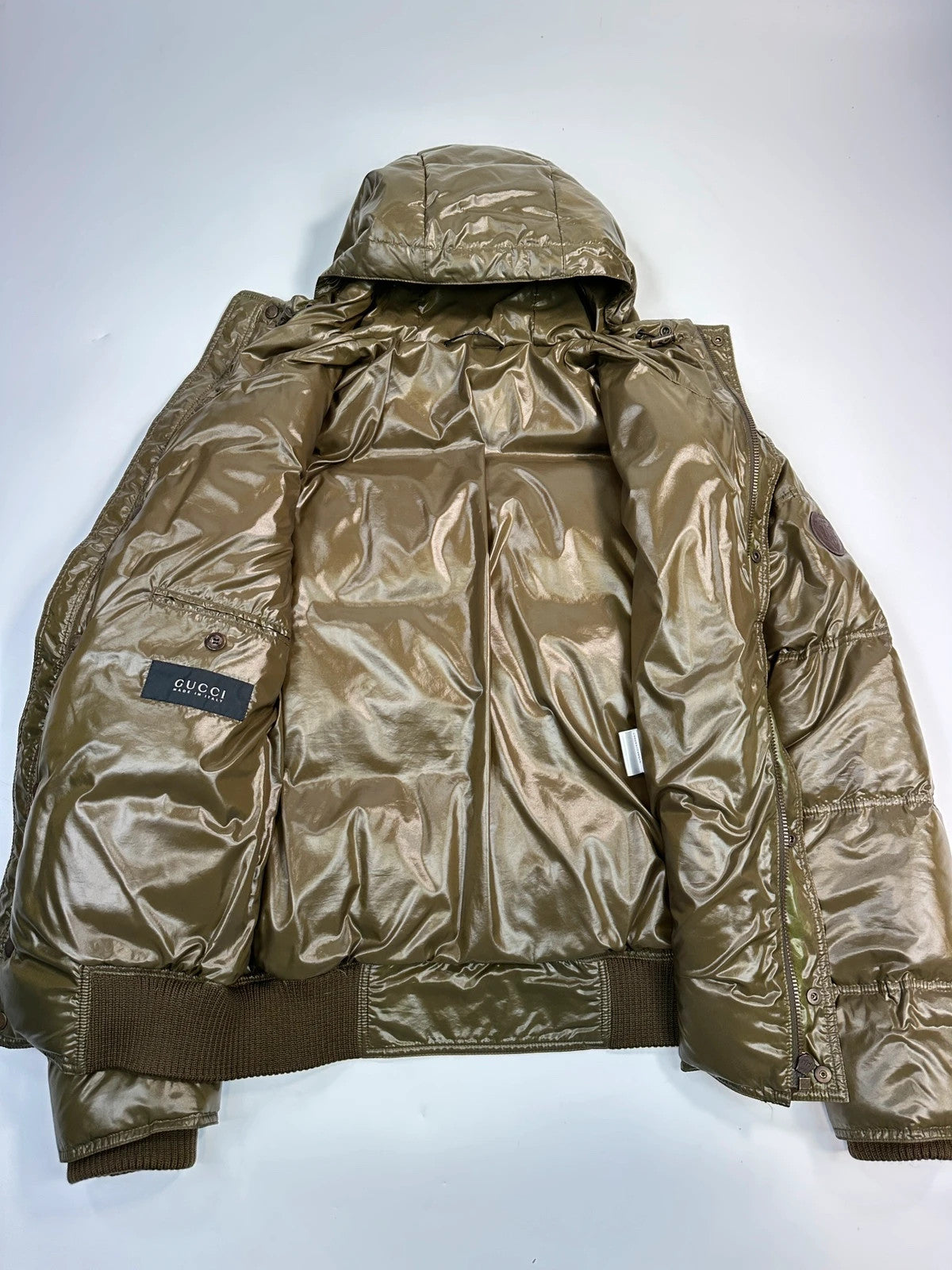 Gucci FW2008 Khaki Shiny Patent Nylon Down Puffer Hooded Jacket