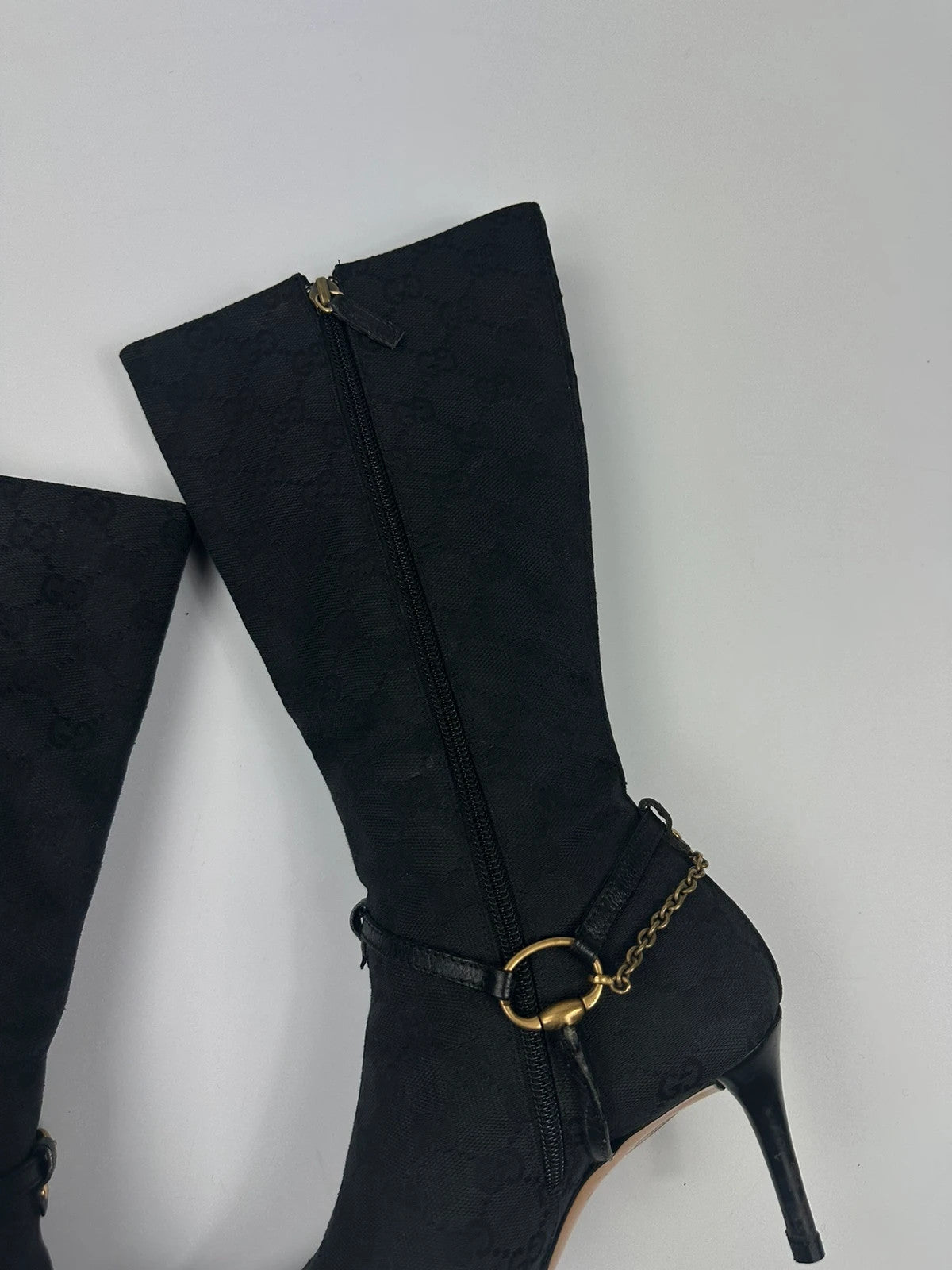 Gucci Black Monogramme High Boots Chains Gold