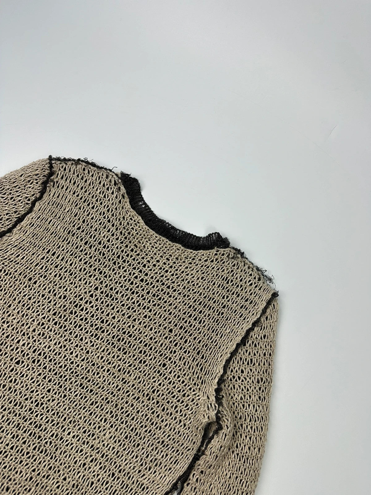 Dolce & Gabbana 00’s Net Knit Double Layer Destroy Sweater Beige & Brown Linen
