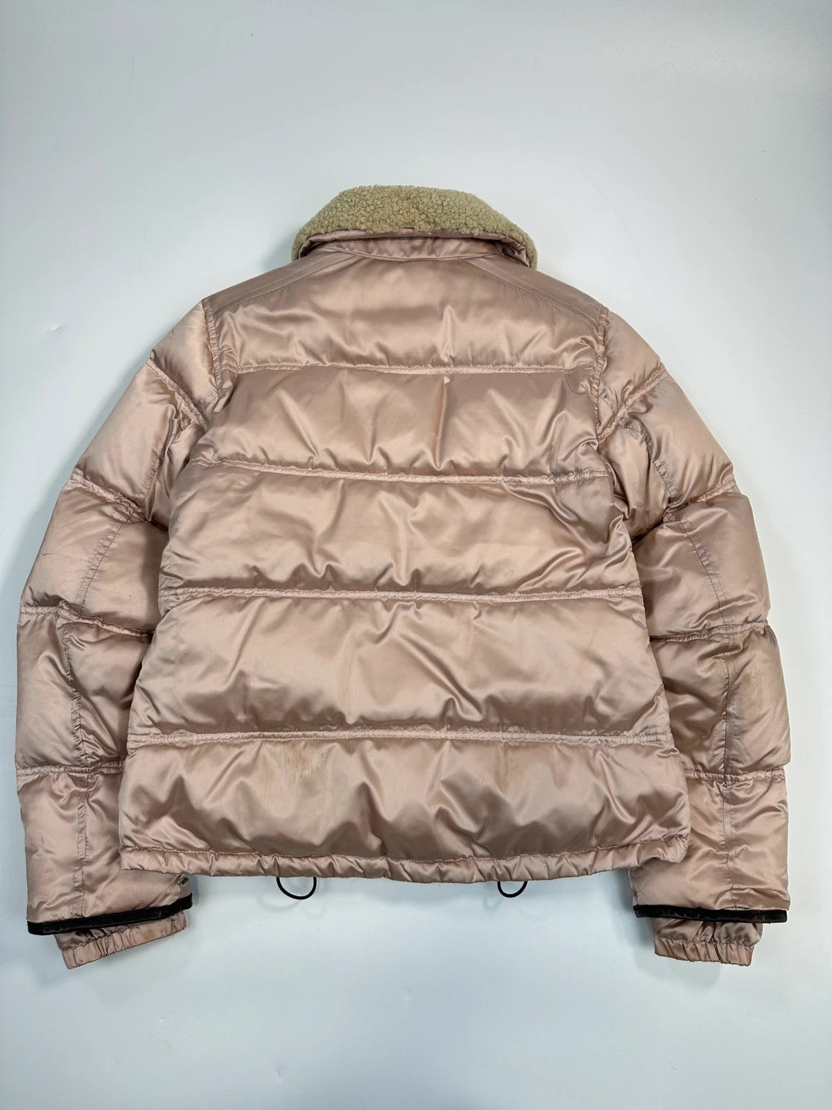 Prada Sport FW2003 Light Pink Shiny Patent Nylon Down Puffer Shearling Collar Jacket