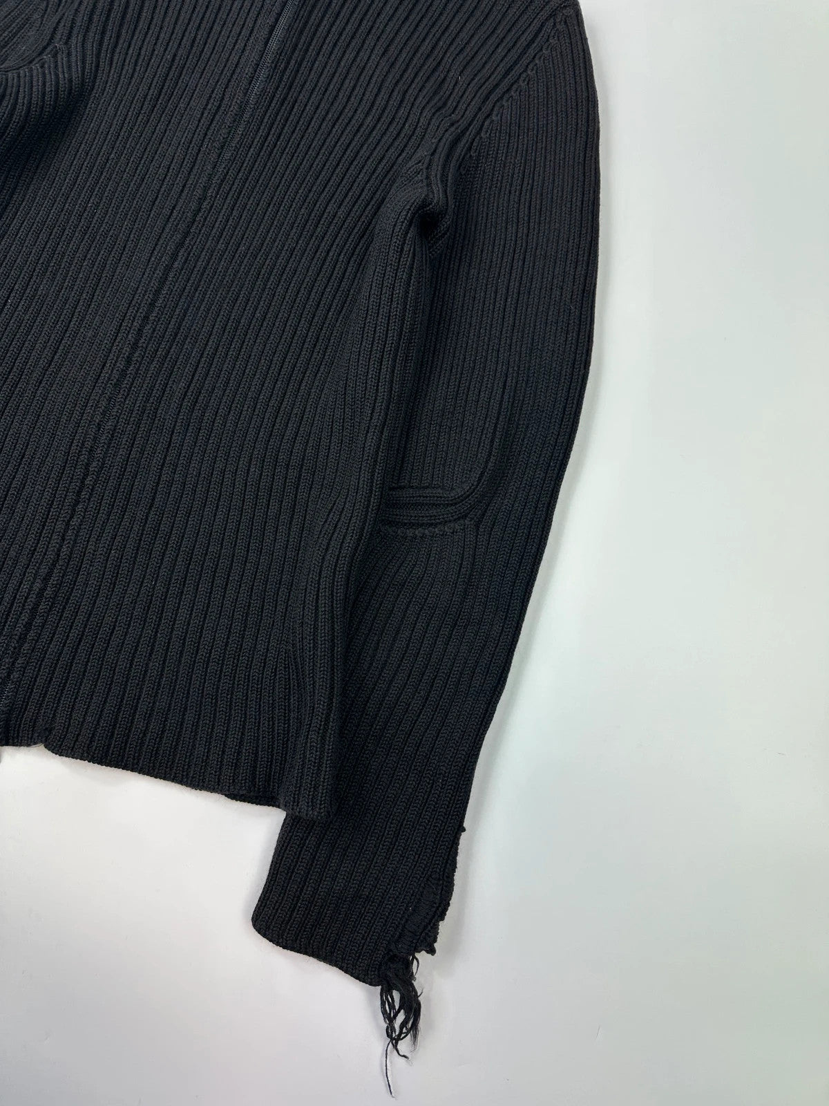 Prada Sport FW2003 Black Ribbed Wool Destroy Knit Zip-Up Sweater