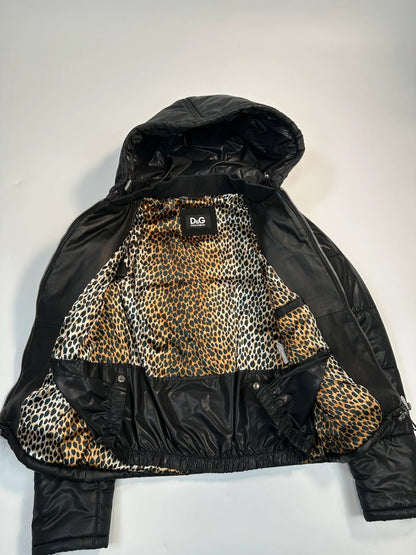 Dolce & Gabbana Black Hybrid Leather & Nylon Hooded Puffer Jacket