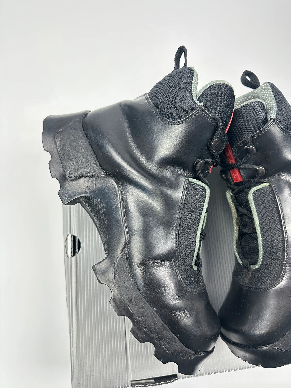 Prada Sport FW1999 Astro Boots Black Leather Hiking Chunky Vibram Sole