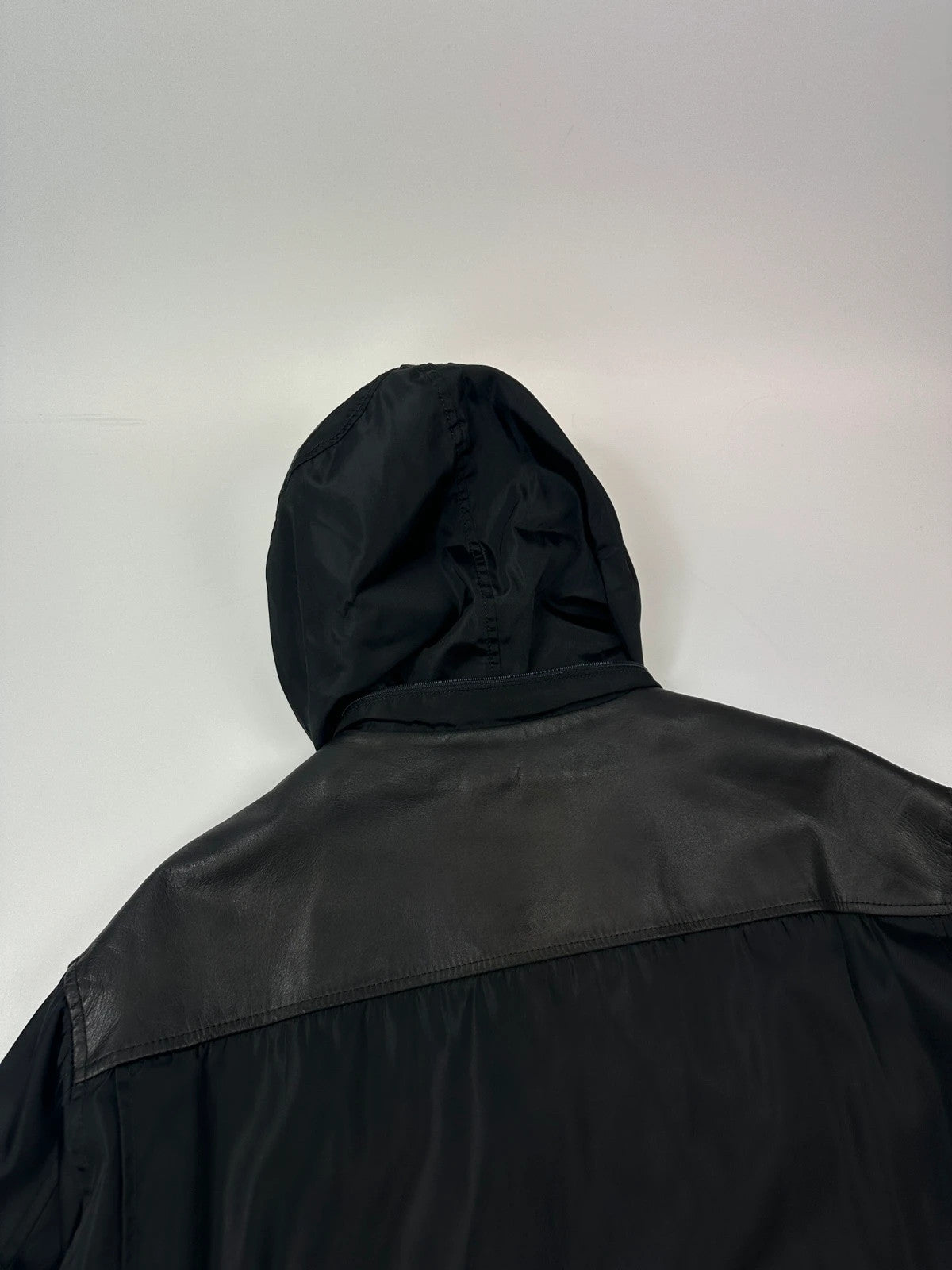 Prada Milano FW1997 Black Nylon & Leather Parka Long Coat Padded Linning