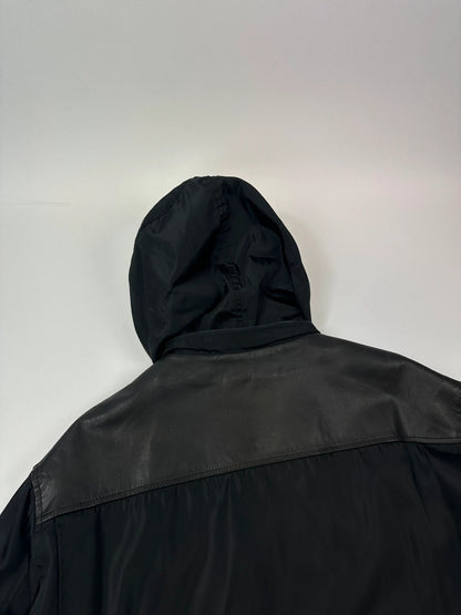 Prada Milano FW1997 Black Nylon & Leather Parka Long Coat Padded Linning