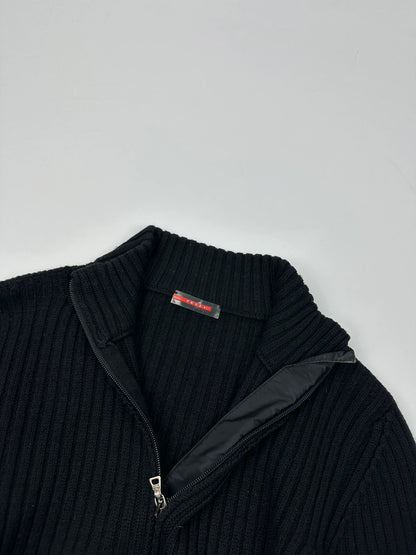 Prada Sport FW2003 Black Ribbed Wool Zip-Up Knit Sweater