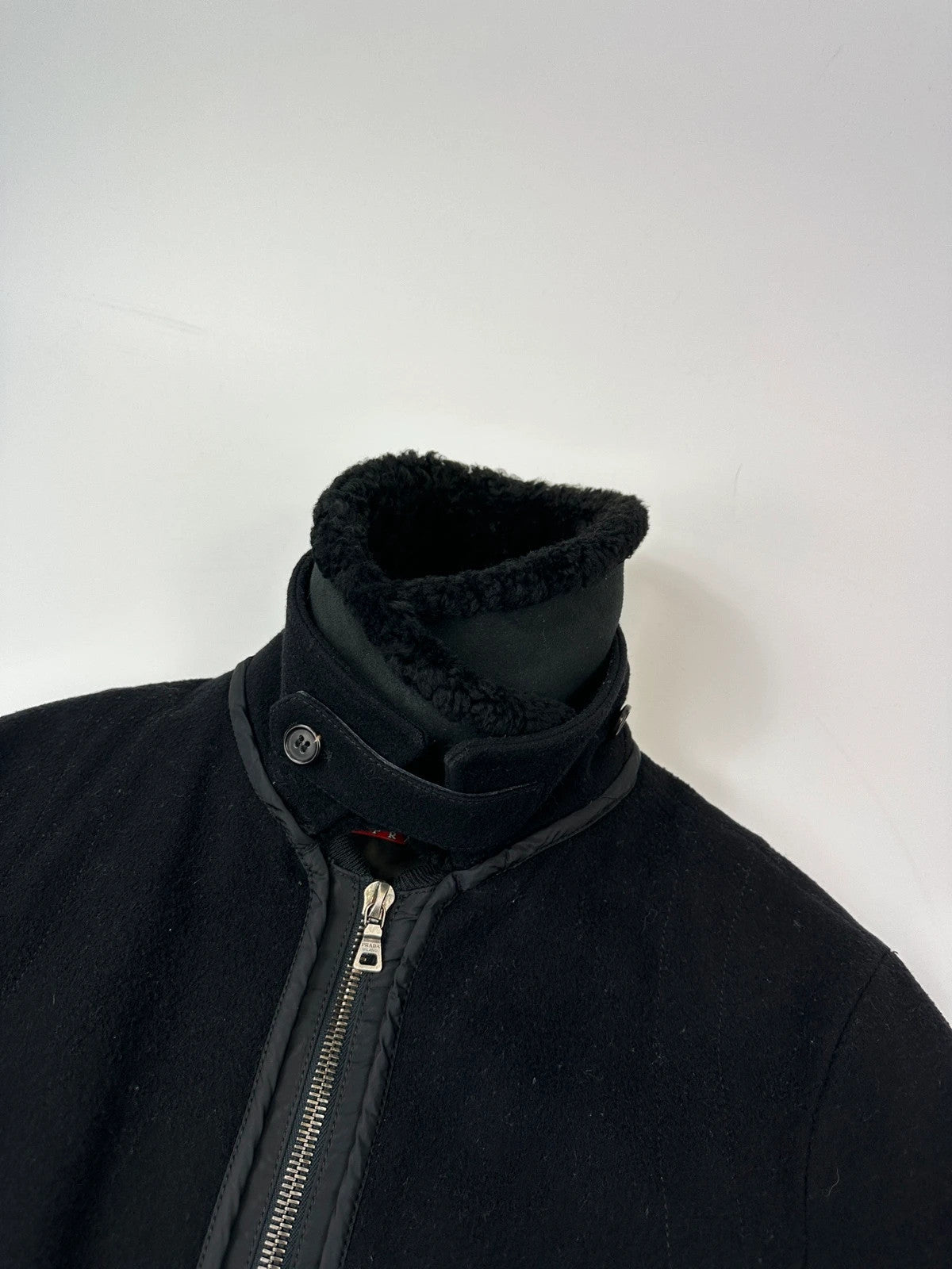 Prada Sport FW2003 Black Wool Aviator Bomber Jacket High Collar
