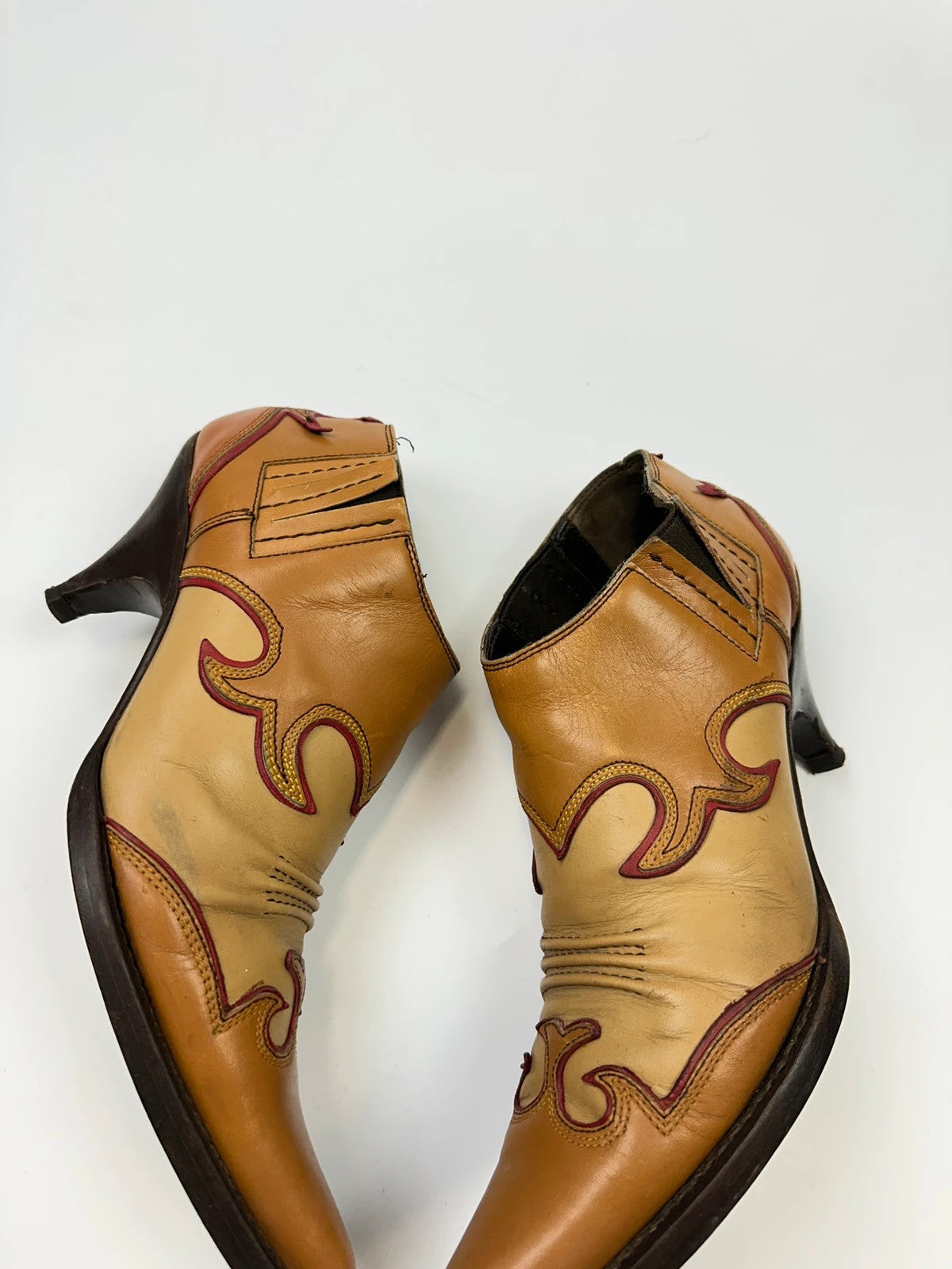 Miu Miu 00’s Cowboy Santiags Heels Ankle Boots Beige Brown Leather Pointy Toe