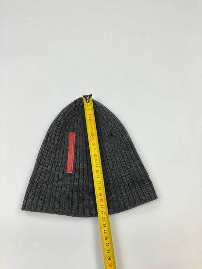 Prada Sport 00’s Grey Ribbed Wool Beanie RedTab