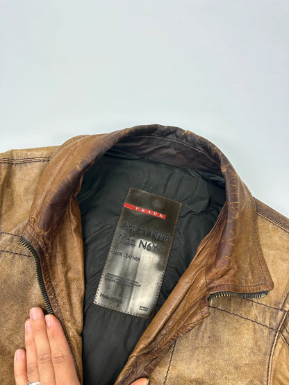 Prada Sport FW2002 Faded Eroded Brown Biker Leather Jacket
