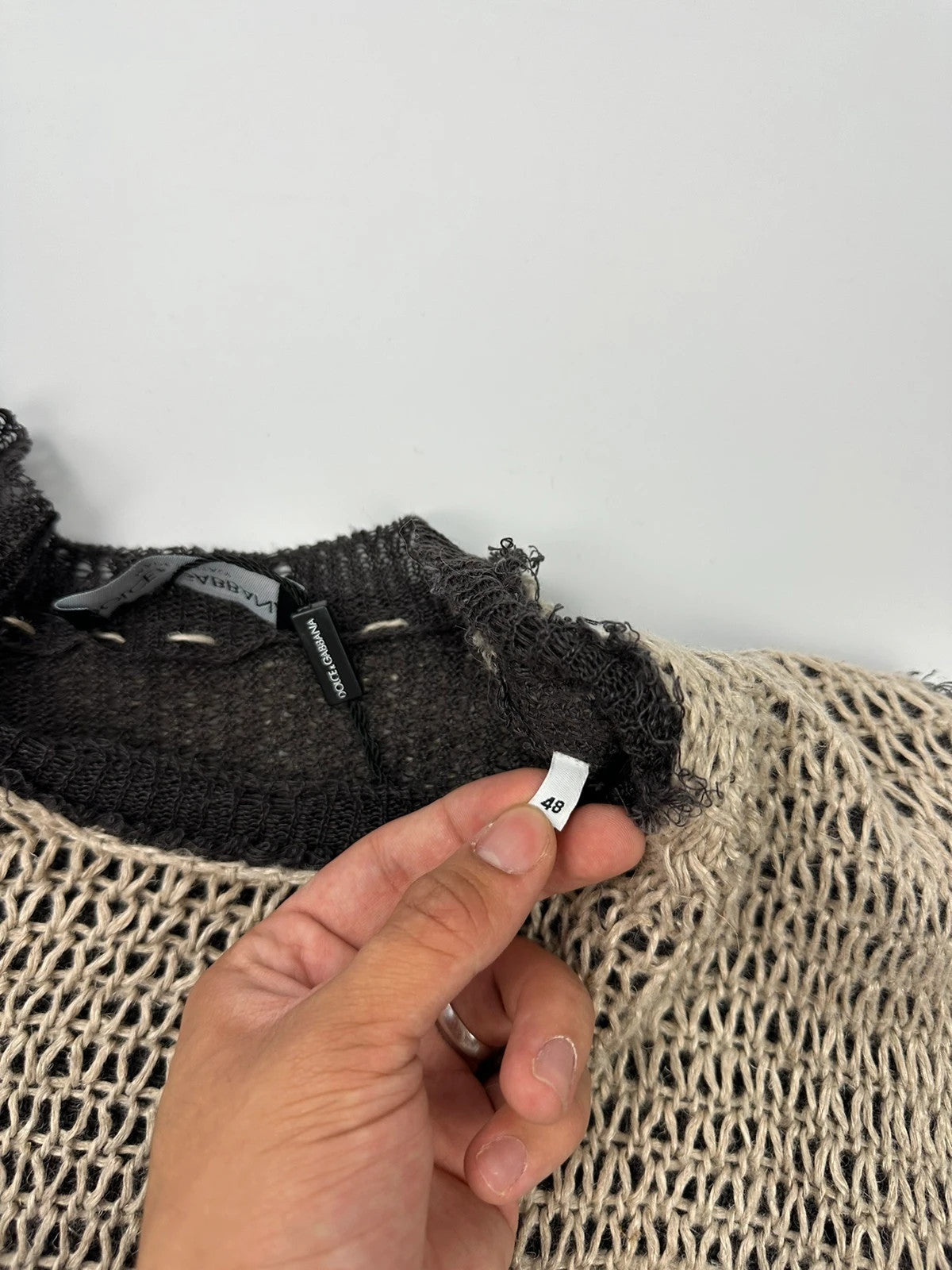 Dolce & Gabbana 00’s Net Knit Double Layer Destroy Sweater Beige & Brown Linen