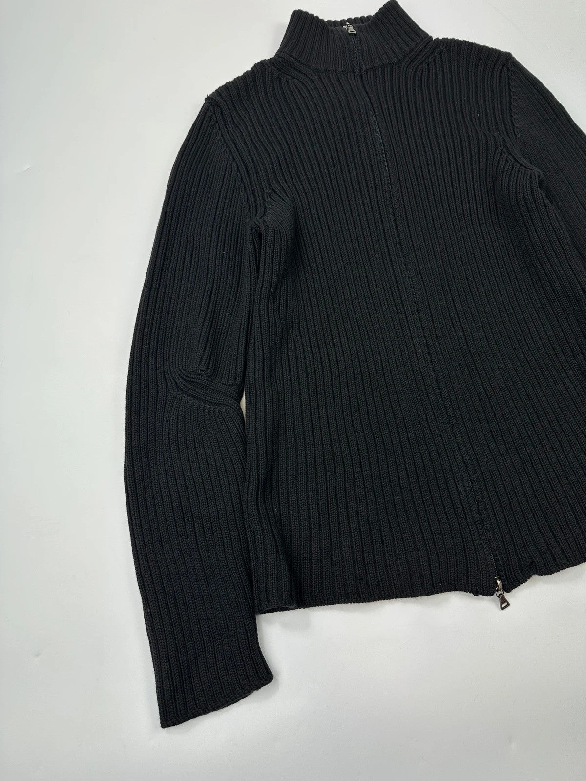 Prada Sport FW2003 Black Ribbed Wool Destroy Knit Zip-Up Sweater