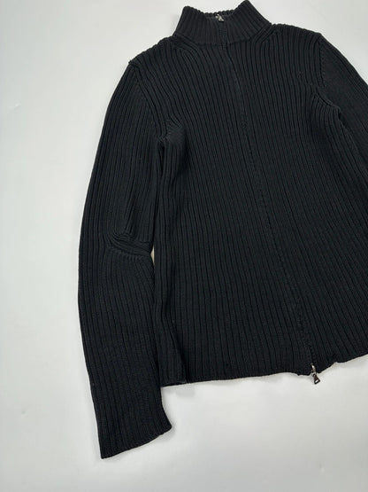 Prada Sport FW2003 Black Ribbed Wool Destroy Knit Zip-Up Sweater