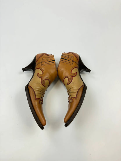 Miu Miu 00’s Cowboy Santiags Heels Ankle Boots Beige Brown Leather Pointy Toe
