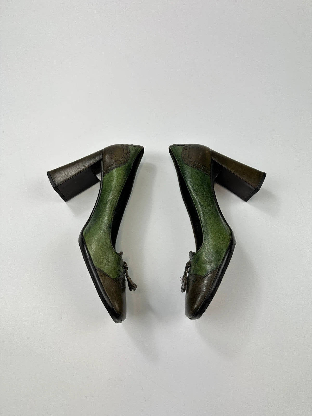 Prada Milano FW1999 Flower Two Tone Green & Brown High Block Heel Pumps