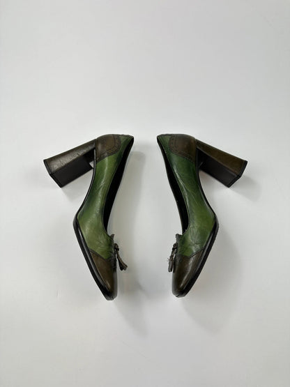 Prada Milano FW1999 Flower Two Tone Green & Brown High Block Heel Pumps