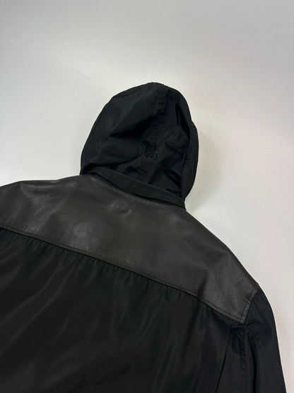 Prada Milano FW1997 Black Nylon & Leather Parka Long Coat Padded Linning