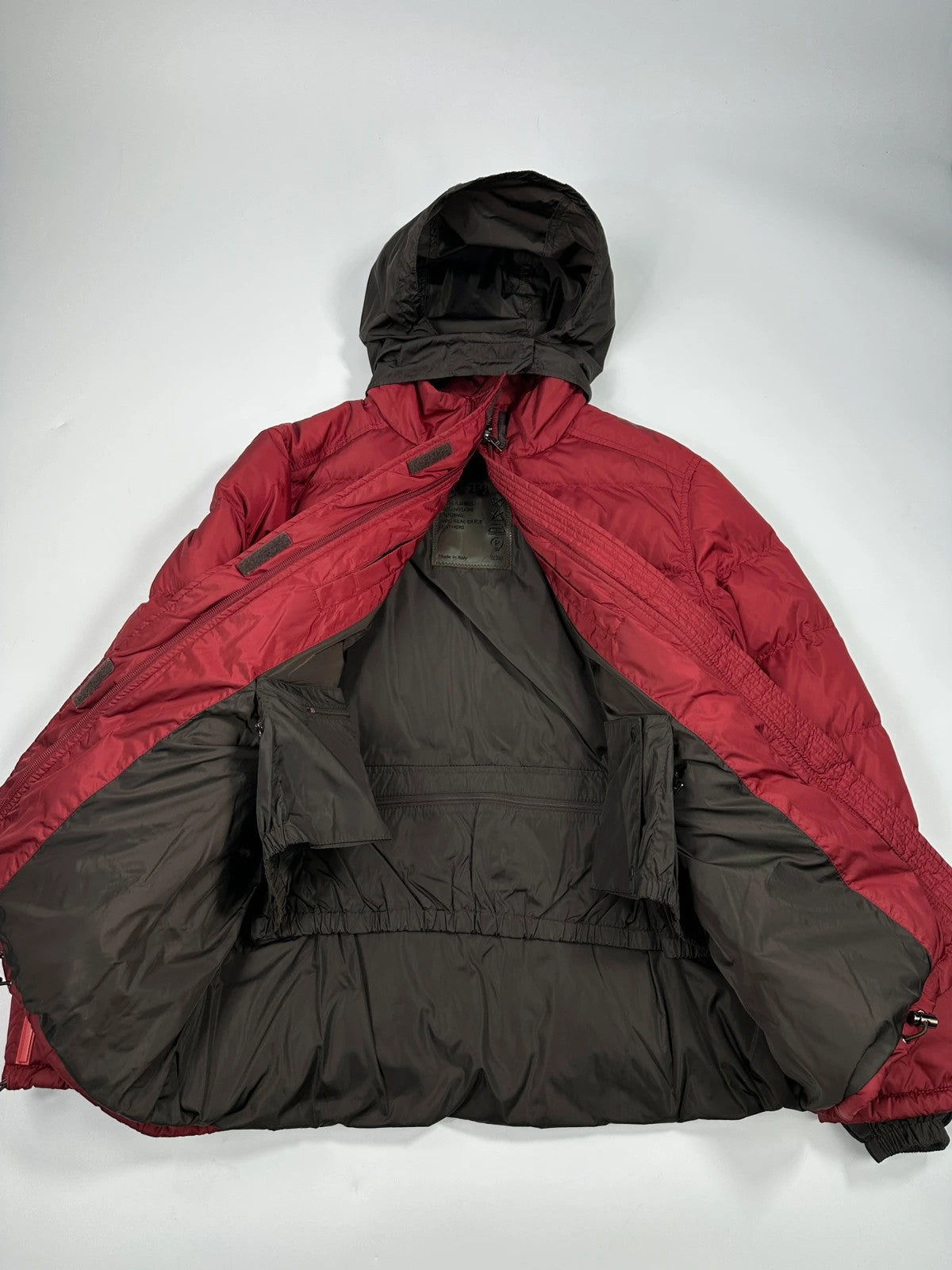 Prada Sport FW2000 Burgundy Red & Brown Hooded Puffer Down Jacket