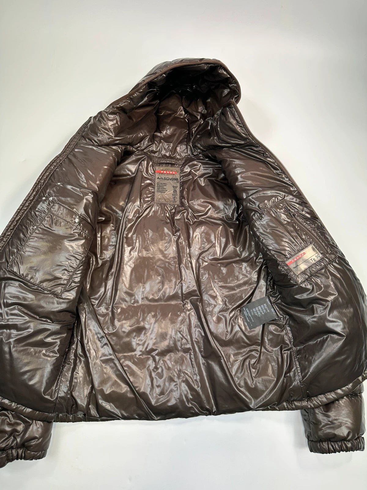 Prada Sport FW2009 Brown Shiny Patent Nylon Hooded Down Puffer Jacket
