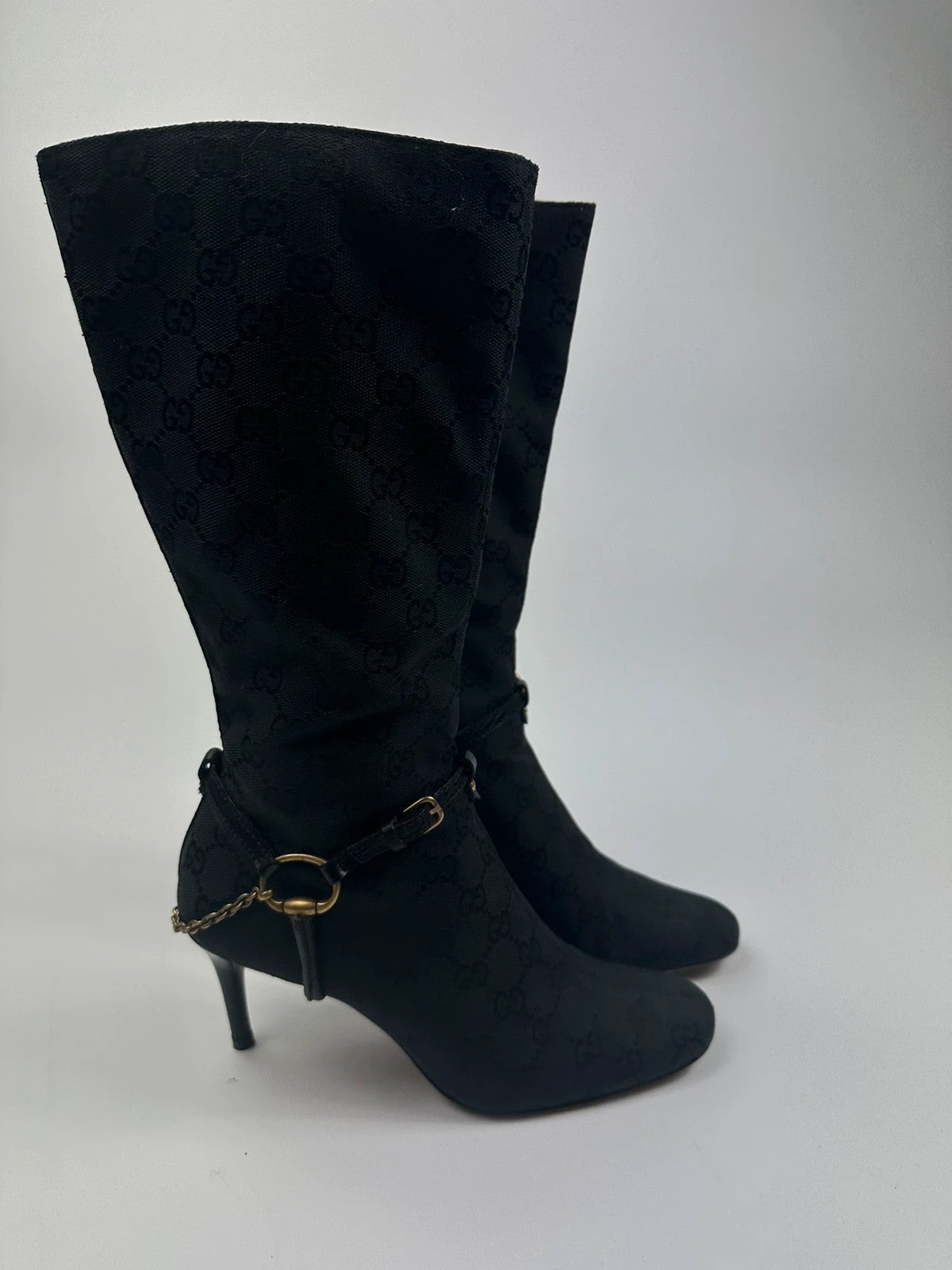 Gucci Black Monogramme High Boots Chains Gold