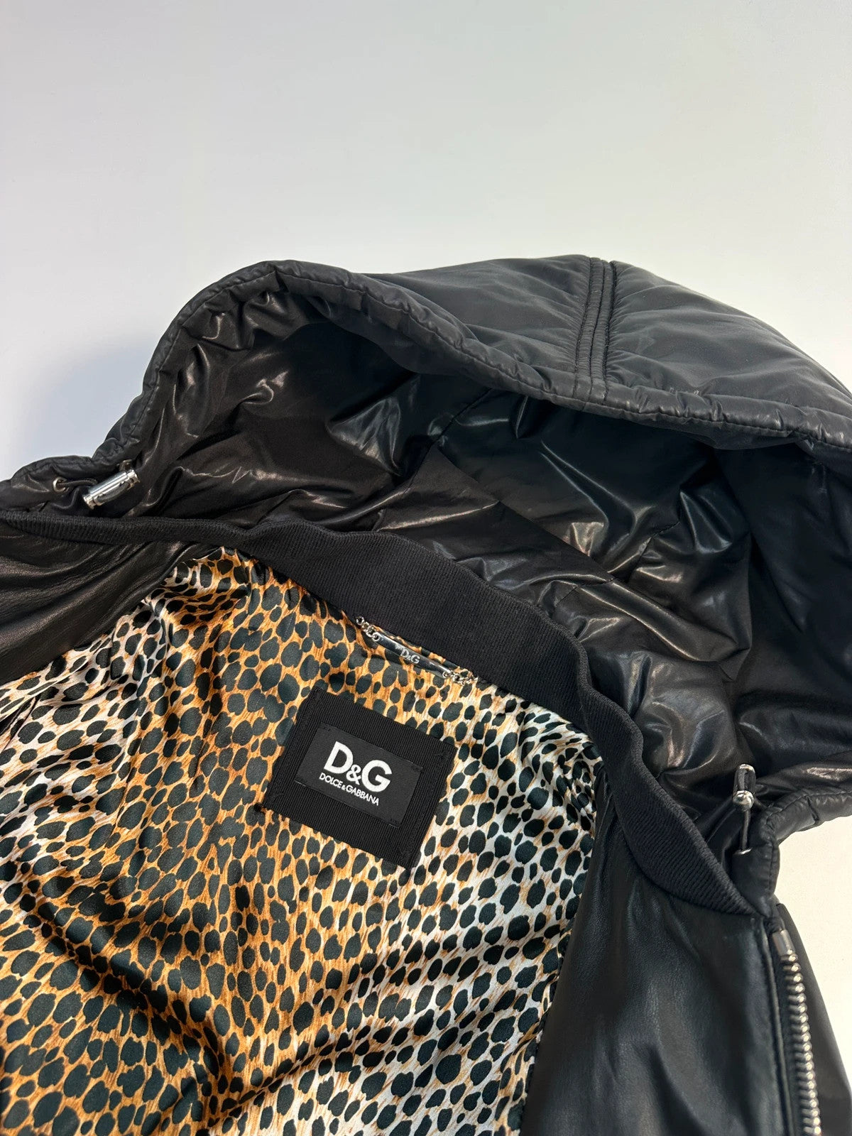 Dolce & Gabbana Black Hybrid Leather & Nylon Hooded Puffer Jacket