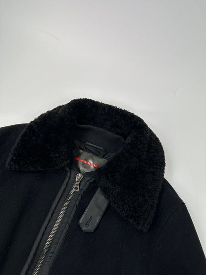 Prada Sport FW2003 Black Wool Aviator Bomber Jacket High Collar