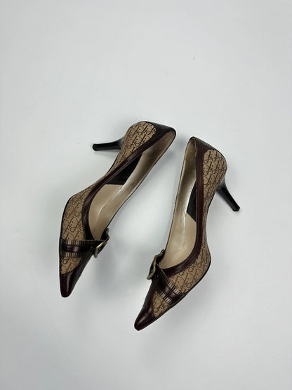 Vintage Dior Monogram Heels – Brown Leather with Gold Buckle